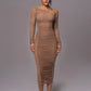 Diagonal Collar Long Sleeve Midi Dress For Women Two Layer Mesh Backless Ruched Bodycon Club Party Sexy Long Dress