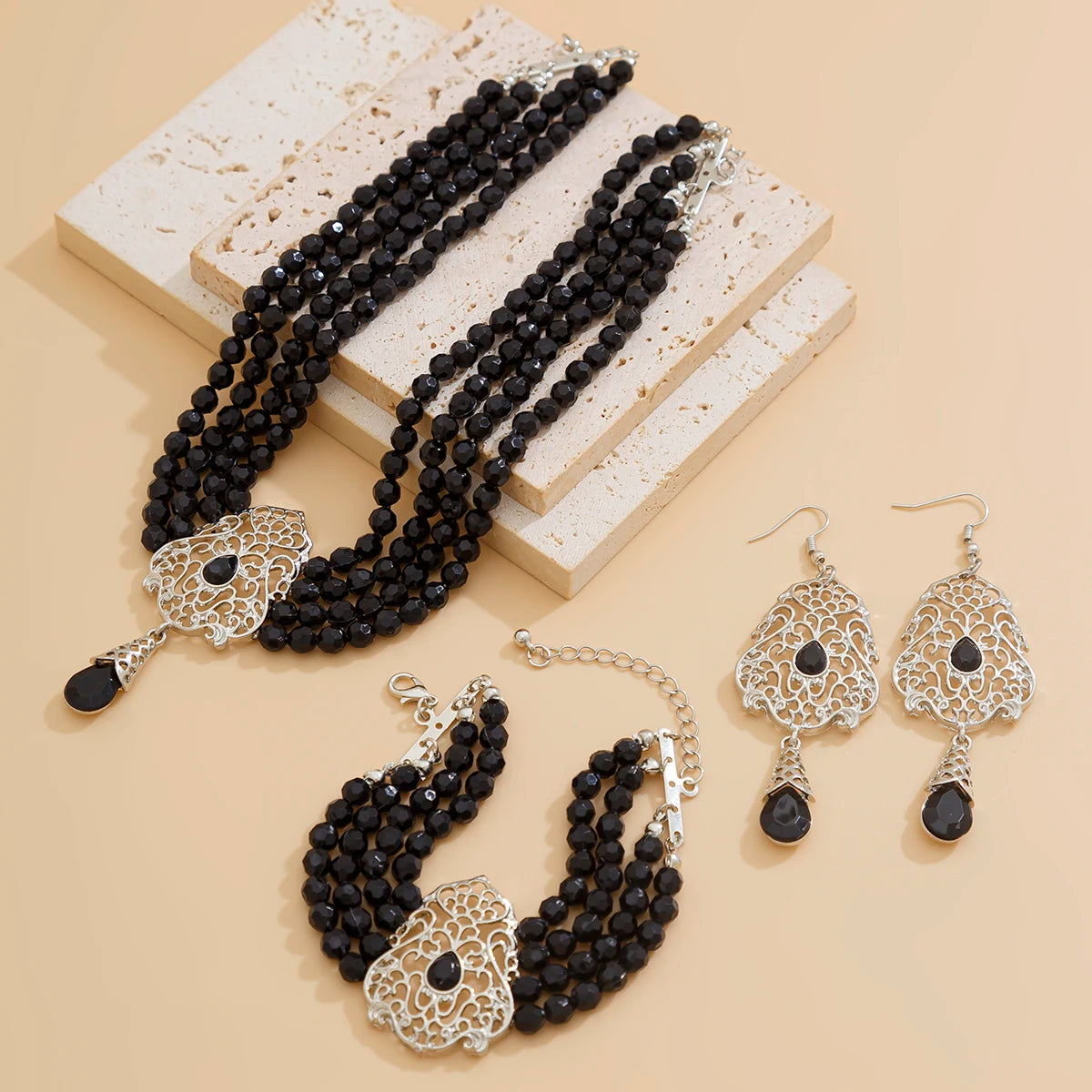 Goth Multilayer Crystal Chain Necklace Bracelet Drop Earrings for Women Temperament Jewelry Set Halloween Accessories