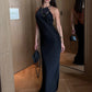 Backless Halter Satin Dress Women Metal Buckle Elegant Patchwork Sleeveless Fashion Classic Evening Party Boducon