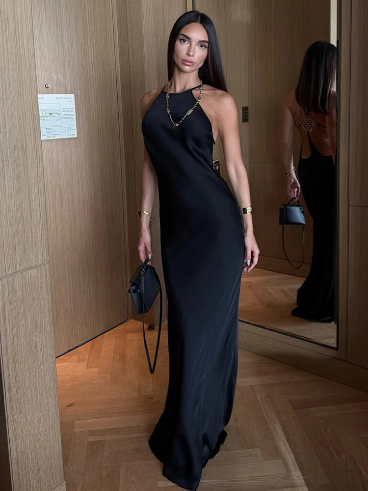 Backless Halter Satin Dress Women Metal Buckle Elegant Patchwork Sleeveless Fashion Classic Evening Party Boducon