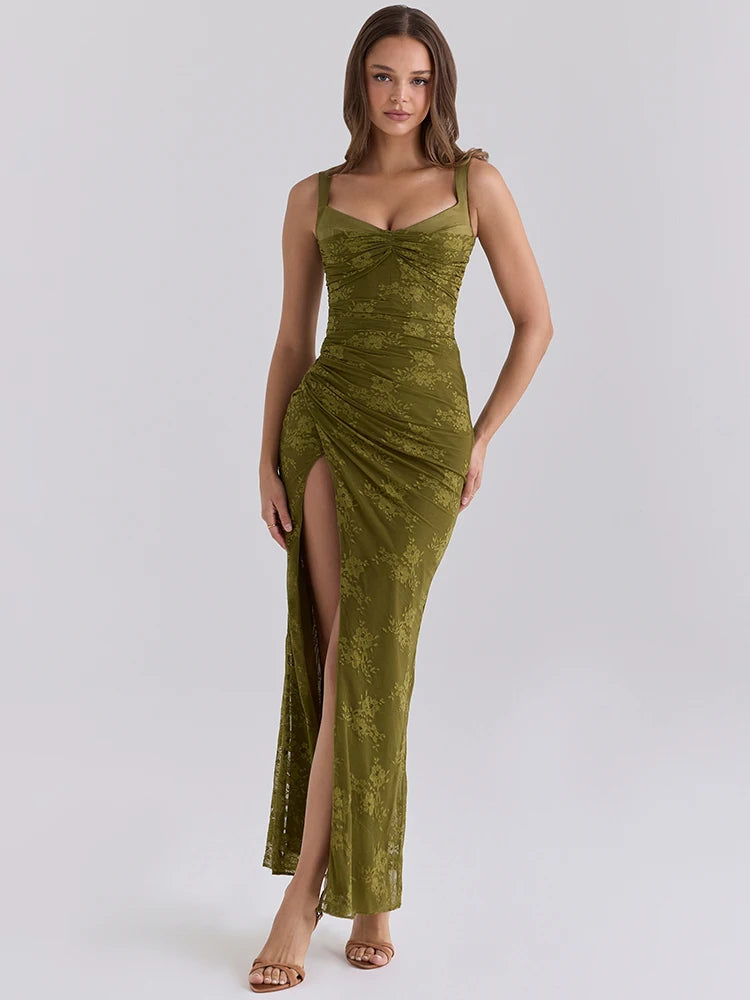 Floral Mesh Maxi Dress Women Sweetheart Wide Strap Ruched High Slit Bodycon Formal Evening Wedding Guest Long Dress