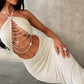 Elegant Bead Halter Dress Women Sexy Chic Backless Hollow Ruched Sleeveless Fashion Simple Evening Party Club Bodycon
