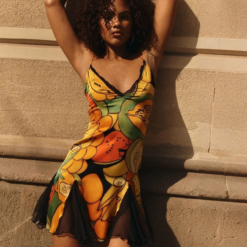 Multicolor Fruit Print Spaghetti Strap V Neck Mini Dresses 2026 Woman Sexy Clothes
