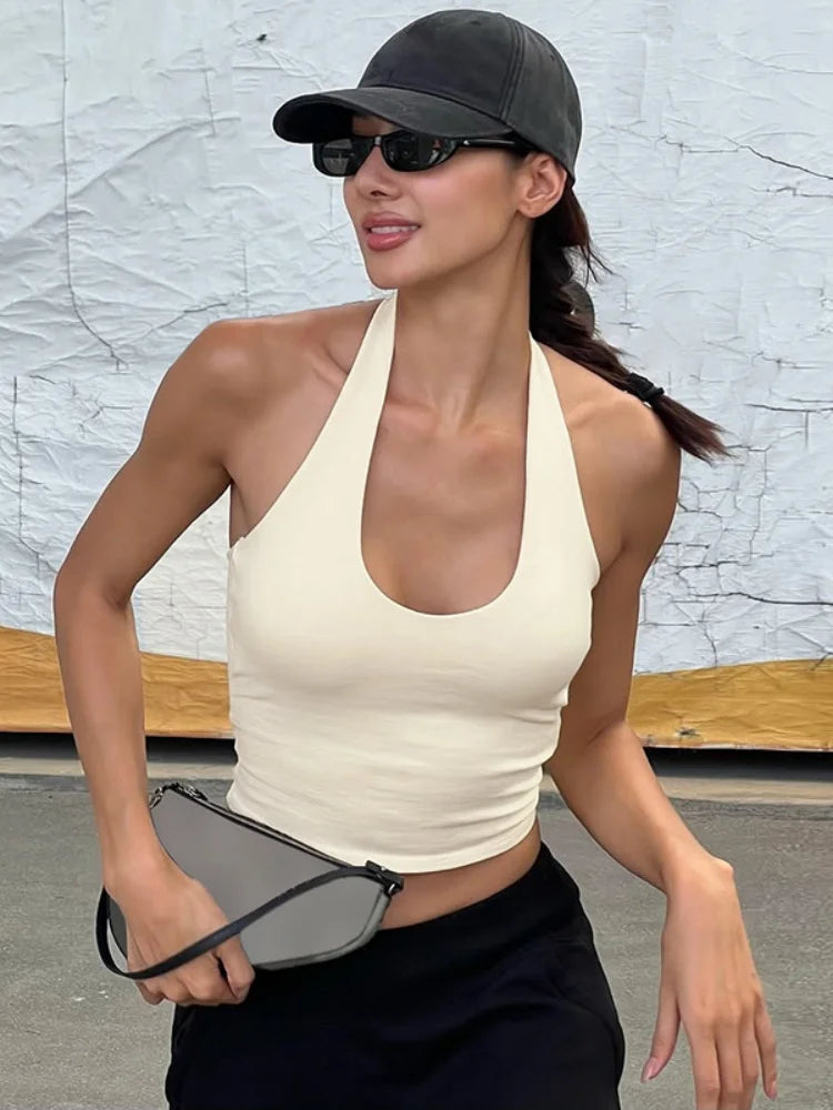 Solid Color Tank Tops Basic Casual Backless Low Cut Halter Top Streetwear Woman Summer Clothes