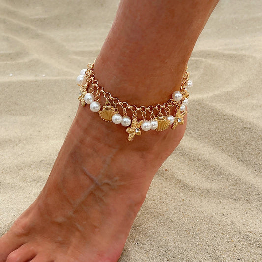 Boho Starfish Scallop Tassel Pendant Anklet for Women Summer Beach Vintage Metal Chain Barefoot Ankle on Leg Jewelry
