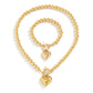 2Pcs Creative Punk Big Love Heart OT Buckle Pendant Choker Necklace Women Vintage CCB Beads Chain Bracelets Grunge Jewelry Set