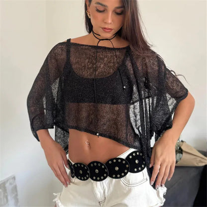 Summer Women's Sheer Mesh Cropped Poncho Top Asymmetric Hem Loose Off Shoulder See-Through Cover-Up Beachwear