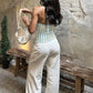 High Street Trend Stripes Tank Tops Women Hottie Backless Bead Halter Bandages Piping Stretch Fashion Simple Club Vest