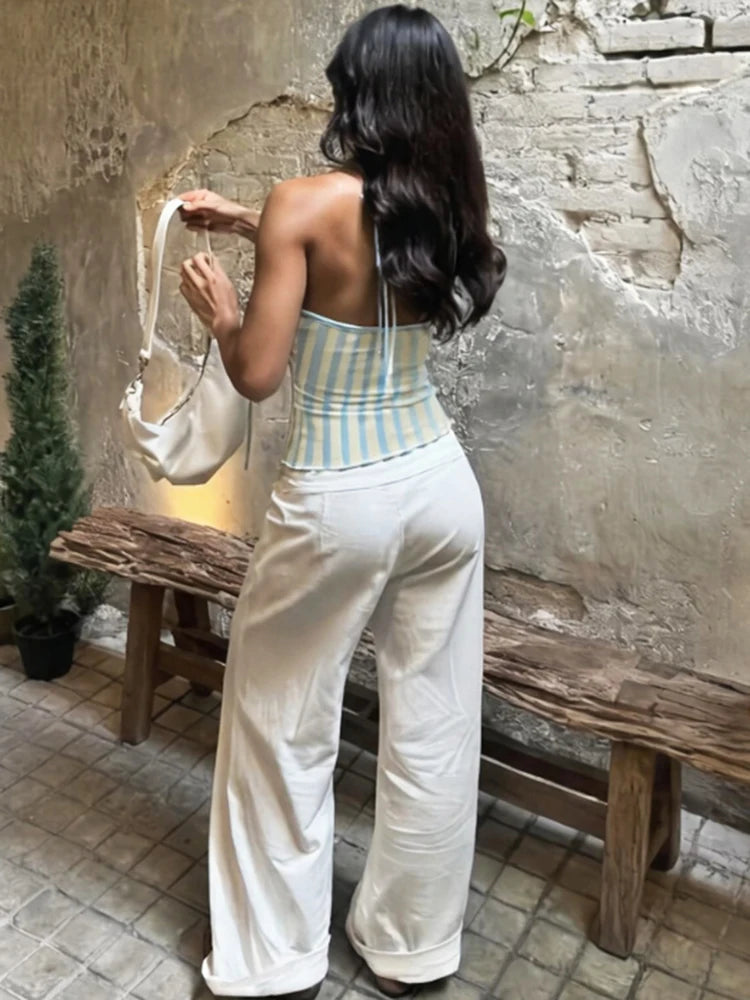 High Street Trend Stripes Tank Tops Women Hottie Backless Bead Halter Bandages Piping Stretch Fashion Simple Club Vest