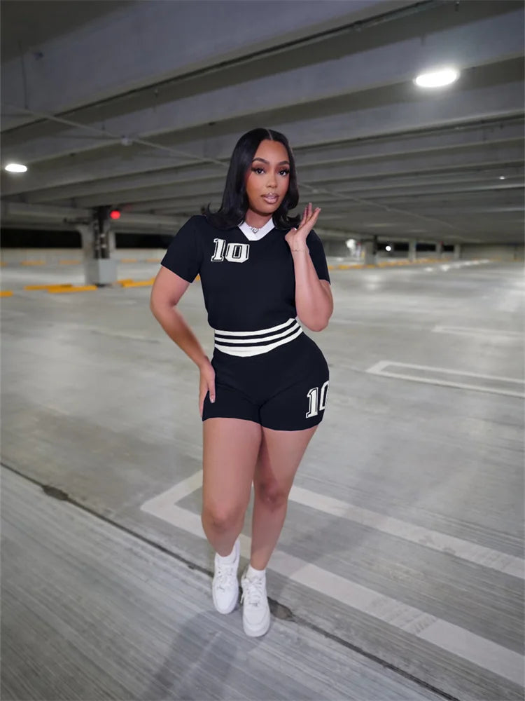 Knit Patchwork 2 Piece Set Tracksuit Women Letter Print V-Neck Crop Tops+Skinny Shorts Casual Fashion Sporty Outfits