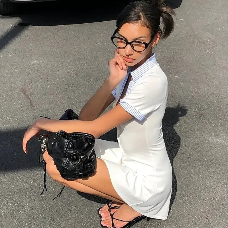 Fashion Patchwork Button Up Short Sleeve Shirt Dress Woman Clothes Office Casual White Black Grey Mini Dress