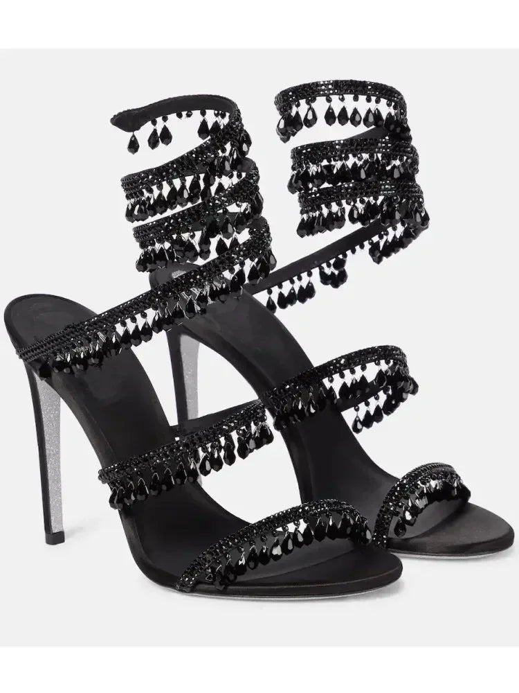 Women's New Water Diamond Sandals Fashion Tassel Crystal Shoes Sexy Banquet Party Twin Stiletto Women's Large Sandals