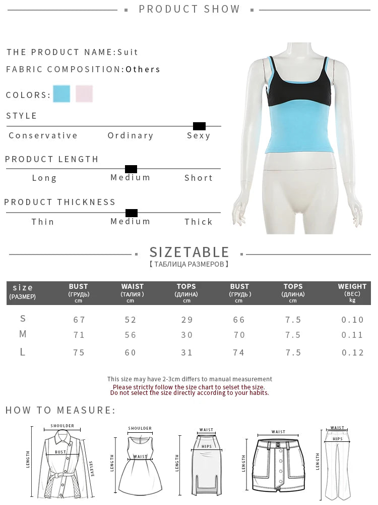 Simple Two Tops Women Mini Low-Neck Camisole+High Elasticity Solid Sexy Hottie Midnight Street Summer Classic Outfit