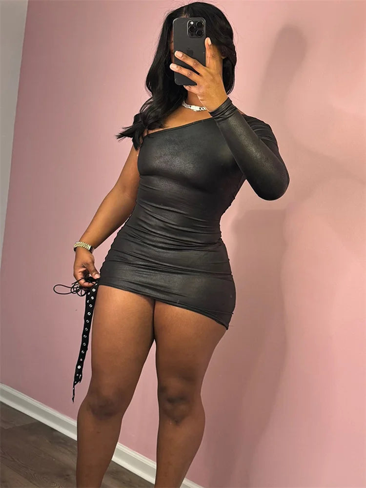 Bandage Hollow Dress Women Irregular Diagonal Collar Backless Single Sleeve Hot Girls Skinny Peach Hip Mini Bodycon