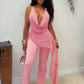 Backless Halter Jumpsuit Women Fashion Simple Bandages Ruched Mesh Ribbon Patchwork Sleeveless Chic Party Streetwear