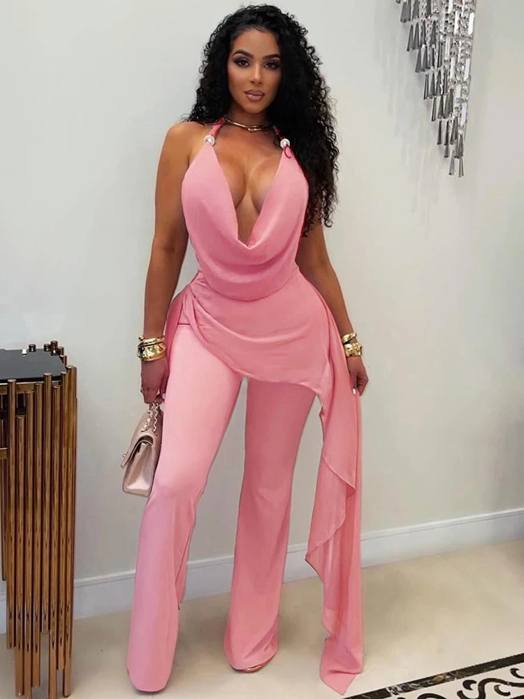 Backless Halter Jumpsuit Women Fashion Simple Bandages Ruched Mesh Ribbon Patchwork Sleeveless Chic Party Streetwear