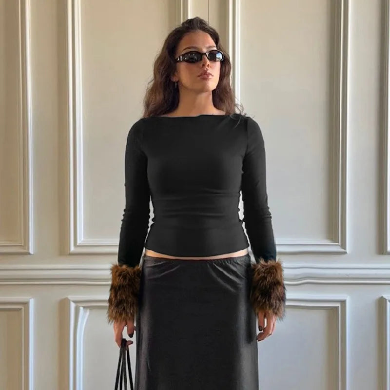 Black Long Sleeve Top with Fluffy Faux-fur Cuffs Fashion 2026 Fall Winter Clothes for Woman T Shirts