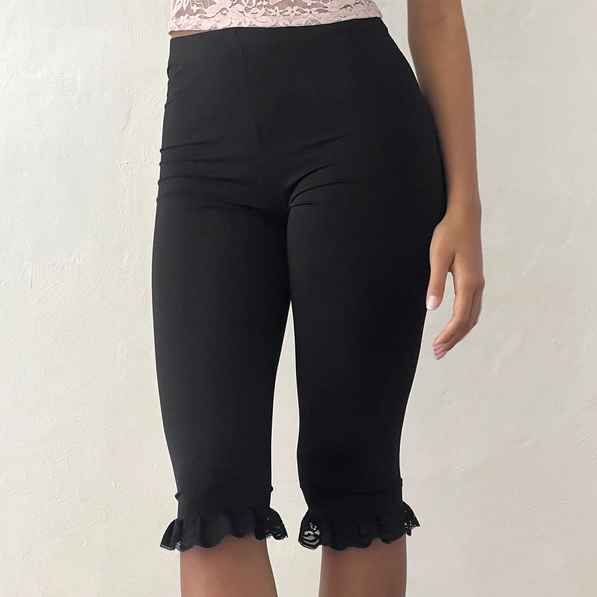 Women Capri Pants Low Rise Elastic Waist Sexy Solid Y2k Cropped Leggings Knee Length 00s Summer Crop Tights Bottoms