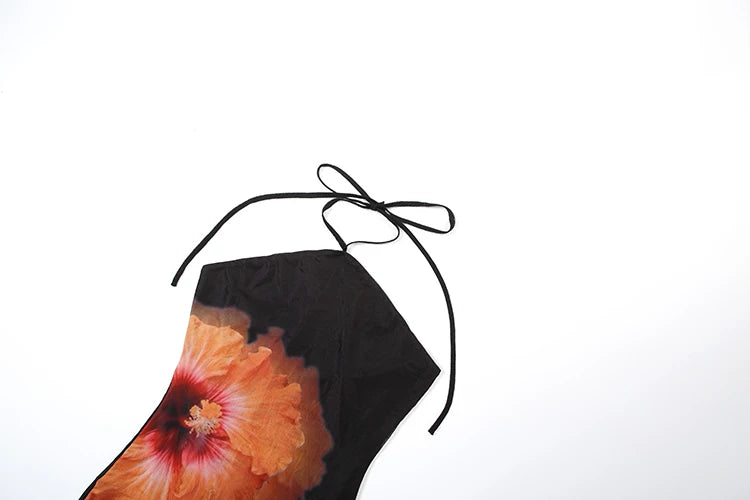 Stretch See Through Dress Women Beach Vacation Flower Print Halter Backless Bandage Sleeveless Party Elegant Vestidos