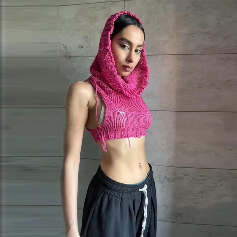 Hooded Sleeveless Knitted Sweater Vest Streetwear Fashion Sexy Y2k Crop Top Autumn Clothes Women 2023