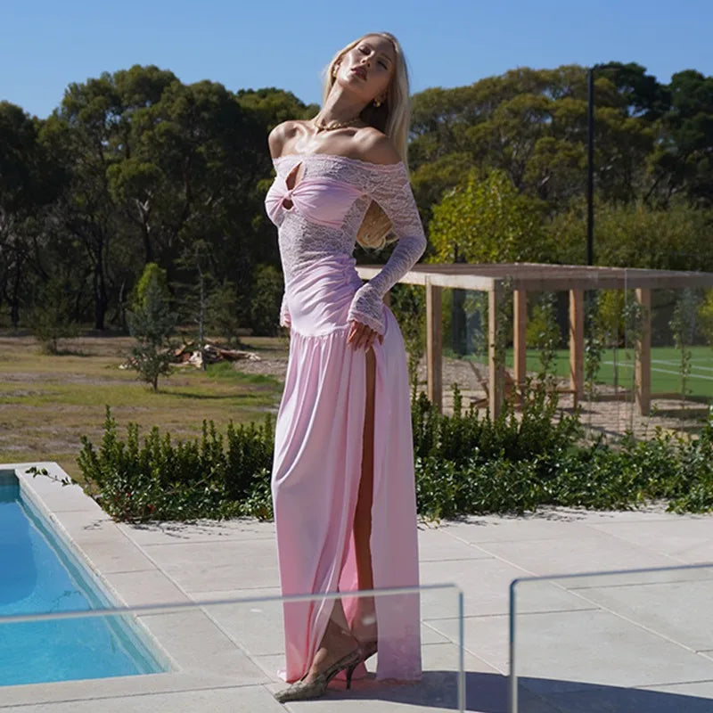 Off Shoulder Long Sleeve High Split Maxi Dresses Woman See Through Lace Patchwork Long Dresses Luxury