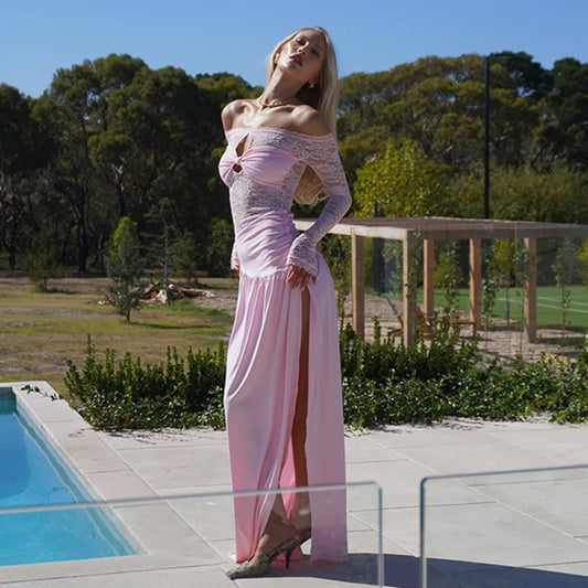 Off Shoulder Long Sleeve High Split Maxi Dresses Woman See Through Lace Patchwork Long Dresses Luxury