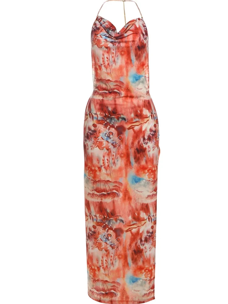 Floral Print Dress Women Bead Chain Halter Swing Collar Backless Vacation Fashion Beach Party Elegant Long Bodycon