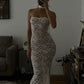 Lace See Through Sexy Midi Dress For Women Fashion Off-shoulder Strapless Sleeveless Backless Bodycon Club Party Dress