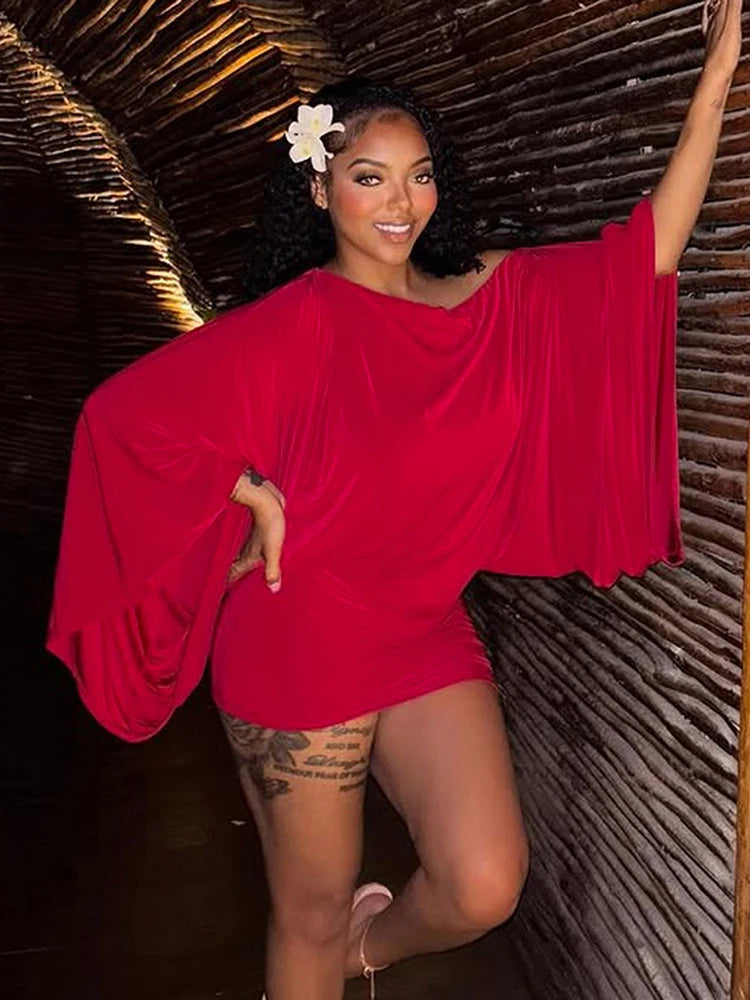 Sexy Slash Neck 2-Piece Set Women Big Flare Sleeve Top+Peach Hip Skirt Matching Stretch Skinny Elegant Street Outfits