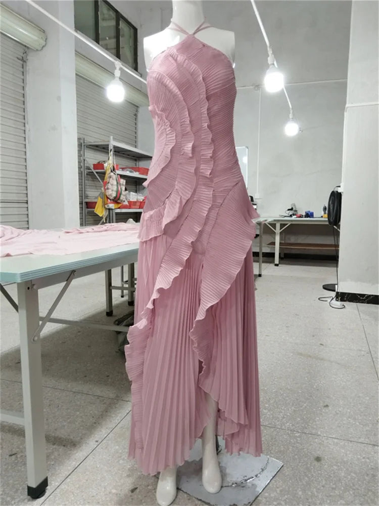 Ruched Ruffles Elegant Maxi Dress Women Halter Off Shoulder Backless Splits Robe Summer Fashion Solid Long Bodycon