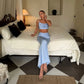 Blue Satin Co Ords Sets Elegant Party Outfits for Woman Summer 2026 Sexy 2 Piece Ruched Top Maxi Skirt Set
