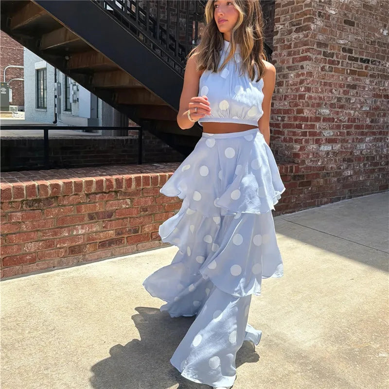 Vintage Polka Dot Halter Back Tie 2 Piece Matching Set Women Sleeveless Crop Top Tiered Layer Ruffle Long Skirt Summer
