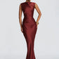 Satin Cowl Neck Mermaid Maxi Dress Women Elegant Sleeveless Draped Ruched Bodycon Long Evening Party Gown Vestidos