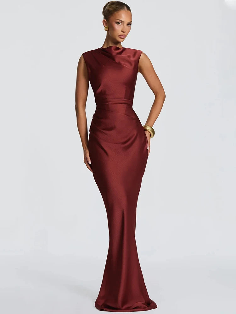 Satin Cowl Neck Mermaid Maxi Dress Women Elegant Sleeveless Draped Ruched Bodycon Long Evening Party Gown Vestidos