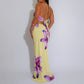 Women Two Piece Set Halter Open Back Crop Tops + Draped Cowl Neck Floral Print Slim Long Skirt Outfit for Party Vacation