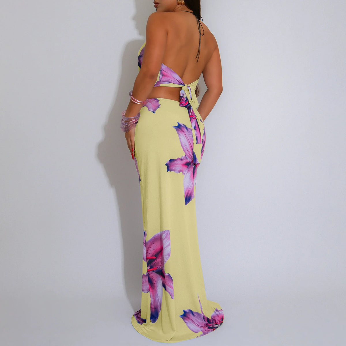 Women Two Piece Set Halter Open Back Crop Tops + Draped Cowl Neck Floral Print Slim Long Skirt Outfit for Party Vacation