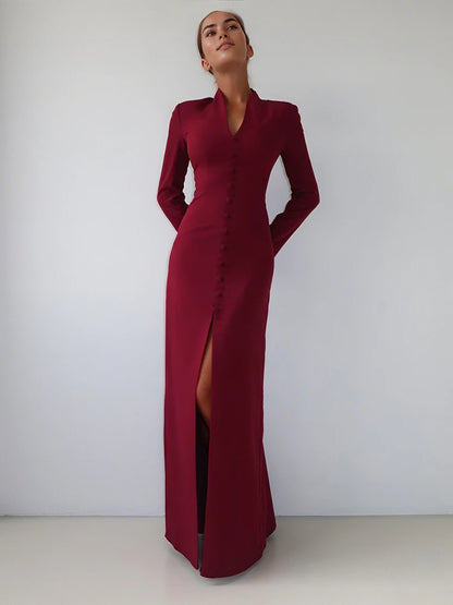 Single-Button Maxi Dress Women Front Split Full Sleeve v-Neck Elegant Classic Office Streetwear Fashion Slim Vestidos