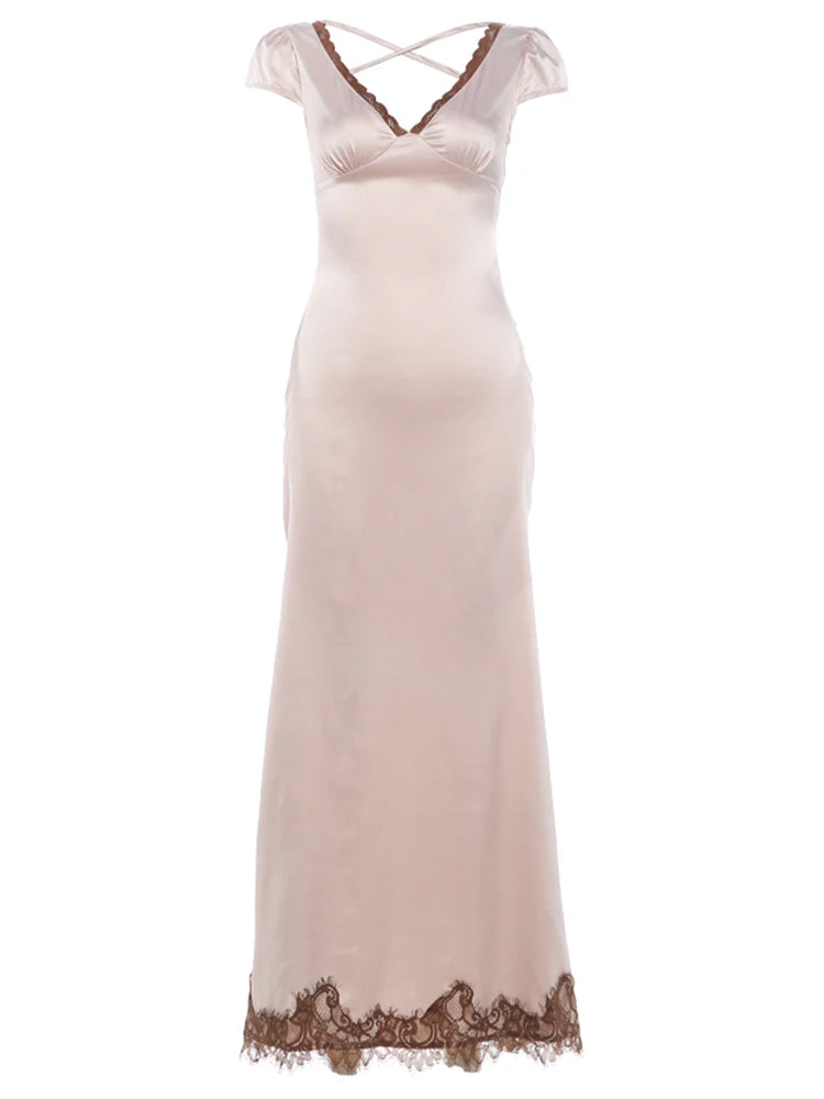 Silky Stain Elegant Dress Woman Lace Patchwork V-Neck Cross Bnadage Backless High Waist Robe Birth Party Vestidos