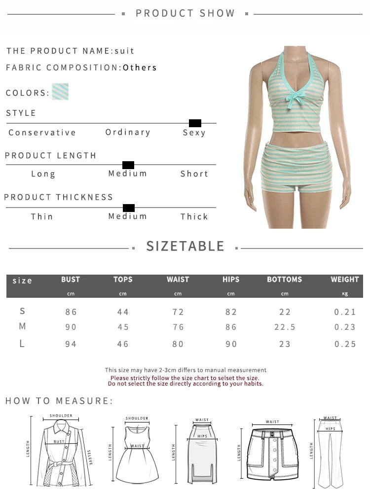Stripe Print 2 Piece Set Woman Bow Decoration Halter Low-Neck Navel Exposed Tops+Skinny Mini Shorts Sexy Fashion Suit