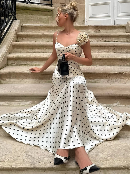 Elegant Polka Dot Print 2 Piece Set Woman 3d Flower Decoration Low-Neck Backless Camisole+Long Skirts Ruched Chic Outfits