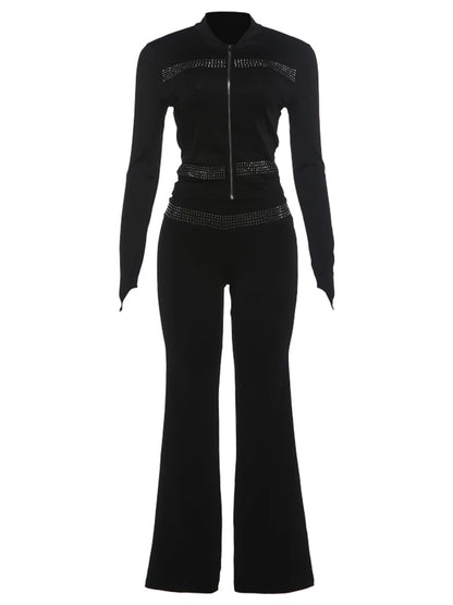 Sporty Style Rhinestone 2 Piece Set Woman Zip Stand Collar Cardigan Jacket+Elastic Waist Flare Pants Fashion Streetwear