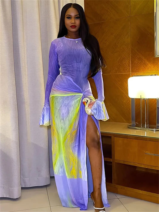 Contrast Patchwork Mesh Dress Women o-Neck Flared Sleeve Ruched Kink High Splits Hem Midnight Sexy Fashion Long Dress