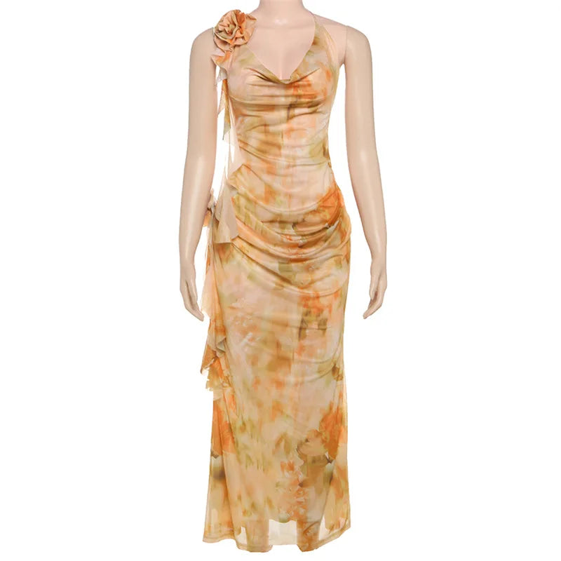 Floral Print Mesh Long Flowy Dresses for Summer 2025 Elegant Sexy Backless Maxi Dress Woman Resort Wear