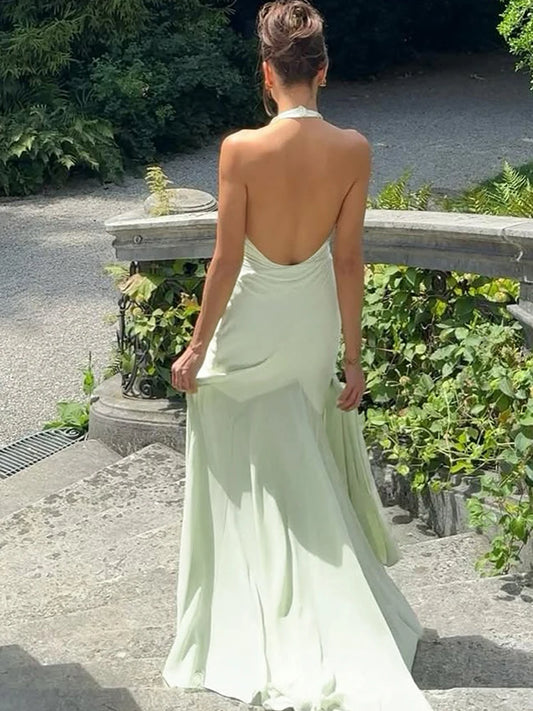 Elegant Patchwork Mesh Dress Women Halter Backless Deep V-Nec Sexy Irregular Hem Birthday Party Elegant Slim Vestidos