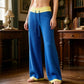 Women Y2K Color Contrast Knit Wide Leg Trousers Drawstring Waist Loose Baggy Knitted Pants Casual Streetwear Long Pants