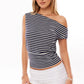 Asymmetrical One Shoulder Ruched Casual Draped Top Women Y2K Striped Off Shoulder T-Shirt Short Sleeve Cinched Waist Top