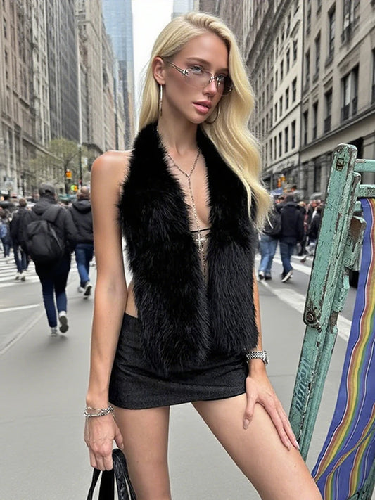 Sexy Halter Furry Tank Tops Women Backless Lace-Up Solid Hottie Wild Simple Street Midnight Clubwear Midnight Vest