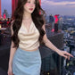 Chic Sweet 2-Piece Set Women Swing Collar Halter Tassel Solid Vest+Fake Diamond Sticker Skirt Summer Fashion Party Suit