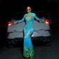 See Through Mesh Print Mermaid Dresses Woman Sexy Beach Party Hollow Long Sleeve Maxi Dress