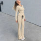 2 Piece Set Black Side Strip Long Sleeve Top and Flare Pants Sports Casual Fall Outfits Woman Loungewear Sets